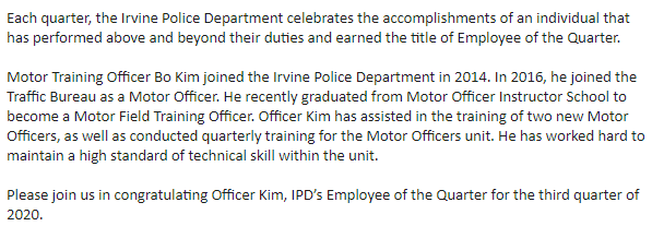 IrvinePolice's tweet photo. Please join us in congratulating Officer Kim, IPD’s Employee of the Quarter for the third quarter of 2020. https://t.co/YGHLGBq6cA
