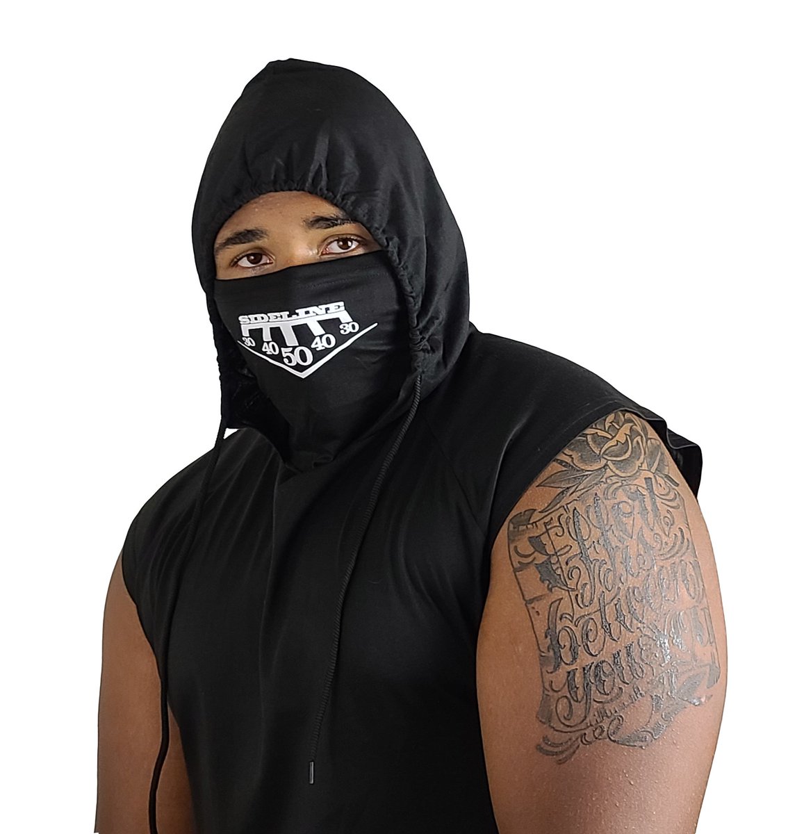 sidelinebrand's tweet photo. Our Sideline masked sleeveless hoodie is everything. 🔥 Comes in black and grey. Gun show is optional. 💪 https://t.co/ExhWqXOOH8