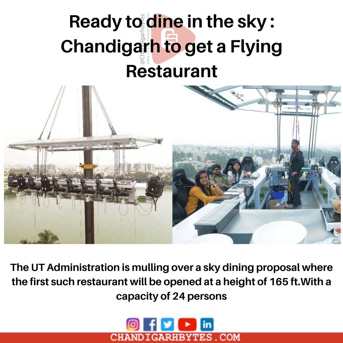 Be ready to #DineMidAir 🤓
'#NewsBytes for all adventure junkies'
🤩🥳
UT admin. to set up a restaurant with 24 persons capacity.
“#SukhnaLake, #Leisurevalley, or #Kaimbwalavillage are the options. administration will take a call on location soon

#Chandigarhbytes
#Chandigarhians