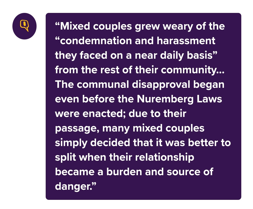 But of course, this was the point and propose of this nonsense all along. They don't actually care about the law they have drafted, they just want another tool to harass interfaith couples and stop this from happening.Here's how this played out with the Nuremberg Laws:7/n