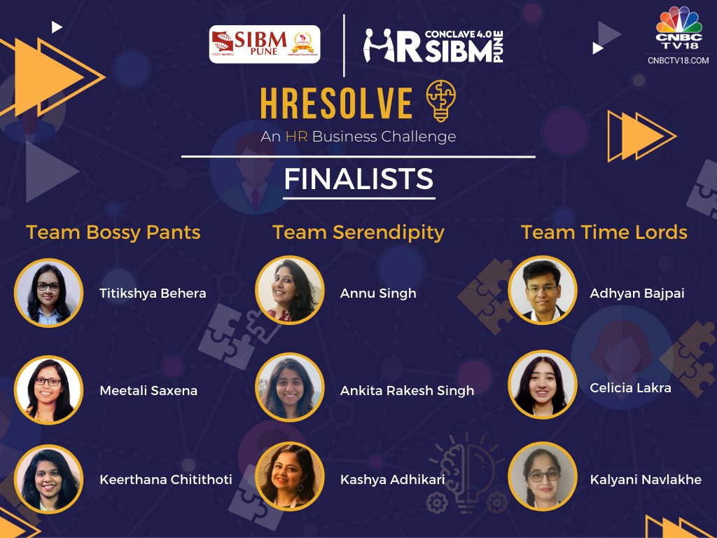 HRC_SIBMPune's tweet photo. We received a plethora of responses for HR Resolve: An HR Business Challenge, leaving us with the difficult task of picking the top performers. 

We hereby present to you the Finalists. We wish them the best of luck for the final round. 

#HRResolve #HRConclave4 #SIBMPune https://t.co/qV1lWlS0T7