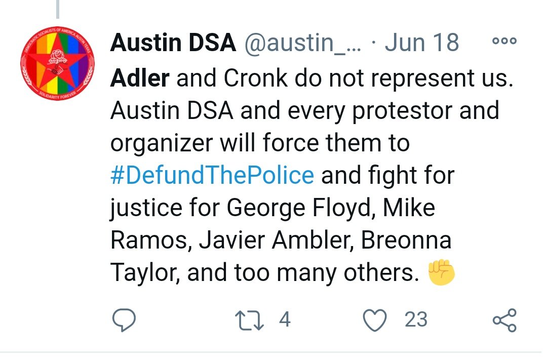 3. Austin DSA has not been happy w Adler due to the Defund movement.