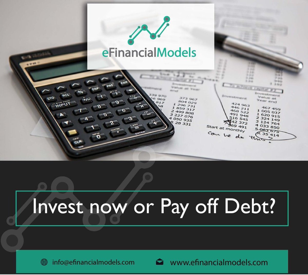 eFinancialModel's tweet image. Want to invest in something but still have some debt with remaining balances? Then try this Excel Calculator to help you decide whether to Invest or Pay off Debt now.
bit.ly/3oWejGx
#Excel #Excelcalculator #financialmodel #template #priorities #investing #loan