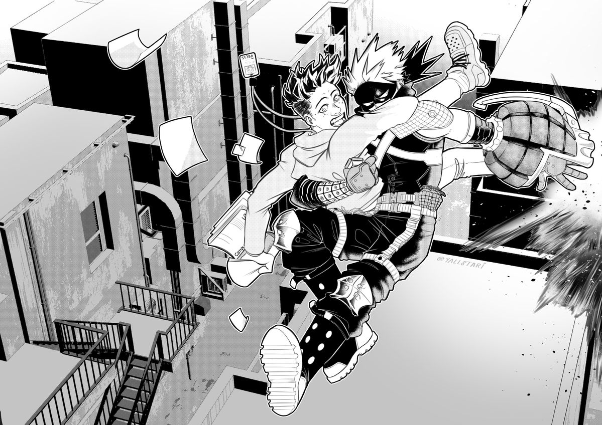 [ #BKDK #BakuDeku ] 
Time for Round 2 of #BKDKUnbirthday2020! 

This time I did prompt G-0156 by Cove: Bakugou catching Deku, Lois Lane style! So here's our intrepid reporter!Deku, getting a little too close to the action during a fight~
???????? 