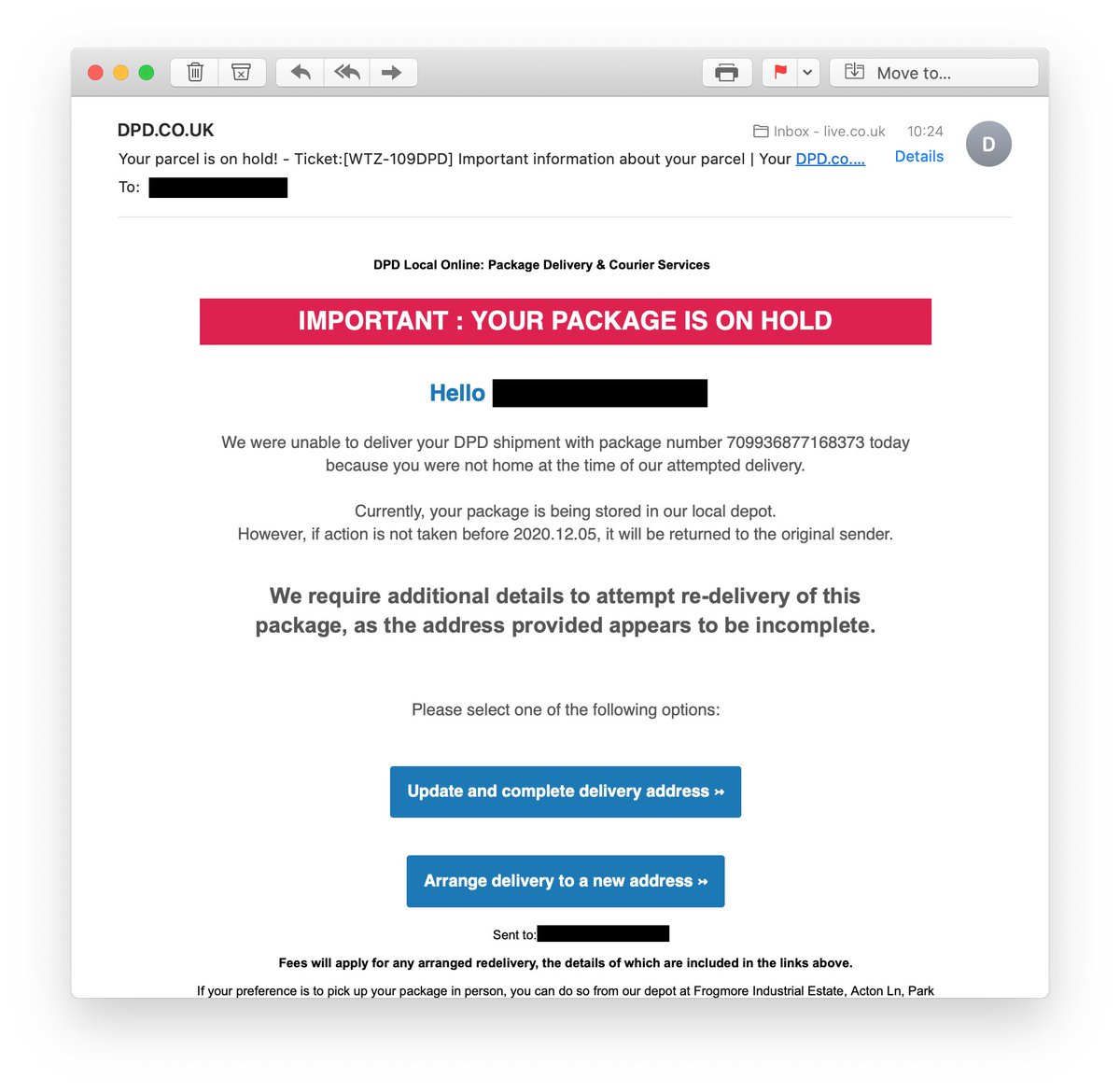 Curious little phishing email just dropped into my inbox, using DPD as a lure rather than the usual Amazon/PayPal/Microsoft ruse.The sender is a compromised  http://Hotmail.com&nbsp; account, so nothing too special there. The two buttons use the same URL...1/n