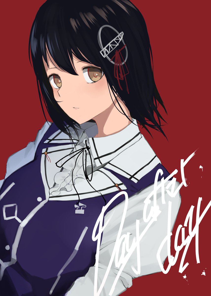 haguro (kancolle) 1girl solo black hair hair ornament short hair red background brown eyes  illustration images