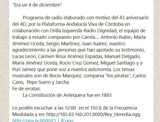 AndaluciaVivaCo's tweet photo. “Era un 4 de diciembre”
Programa de radio elaborado con motivo del 43 aniversario del #4D, por la Plataforma Andalucía Viva de Córdoba en colaboración con Orilla Izquierda-Radio Dignidad
Lo podéis escuchar a las 12:00
https://t.co/8veLEgcmDi
https://t.co/sSIpd5RAED #4DAndalucia https://t.co/D7p9k26Pzb