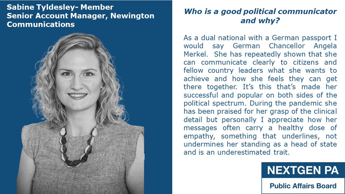 NGPAGroup's tweet photo. This week on #MeetYourCommittee, @SabineTyldesley  tells us her thoughts on why Chancellor Angela Merkel has proven to be such a good communicator throughout 2020... https://t.co/xY3A6SXu6U