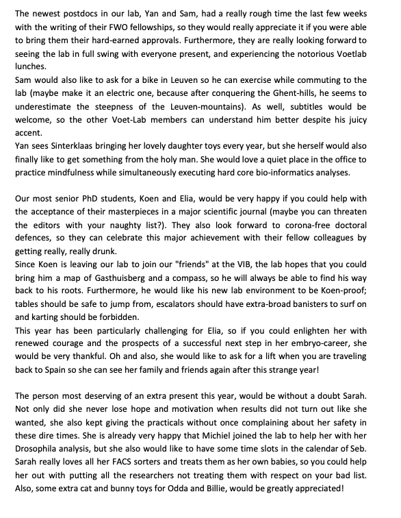 Svanuytven's tweet photo. As a team-building exercise we wrote a “Sinterklaas” letter ( + drawing) to our PI, which he had to read out loud during the lab-meeting. It was awkward and cringey at times, but it did boost moral! #PhDlife #singleCellForce https://t.co/0pHTAb6bzV