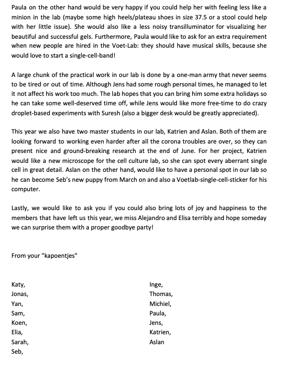 Svanuytven's tweet photo. As a team-building exercise we wrote a “Sinterklaas” letter ( + drawing) to our PI, which he had to read out loud during the lab-meeting. It was awkward and cringey at times, but it did boost moral! #PhDlife #singleCellForce https://t.co/0pHTAb6bzV