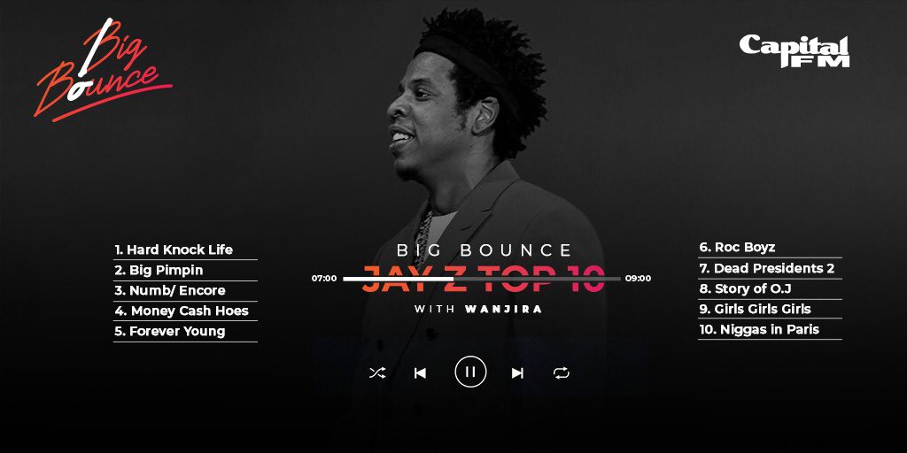 CapitalFMKenya's tweet photo. #HappyBirthdayJayZ

Here’s our Top 10 favorite Hov songs that we will be bumping tonight on @BigBounce984 with @WanjiraL from 7pm-9pm 📻 

What’s your favorite Top 10 Jay Z songs? https://t.co/dFU20IrZJ7
