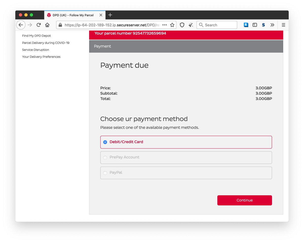 Time to pay But uh oh, we can only pay via card - prepay account and PayPal are blanked out. Shame.Submitting this send all the lovely data to a PHP script hosted on the same box: https://ip-64-202-189-152[.]ip[.]secureserver[.]net/DPD/php/status[.]php5\\n