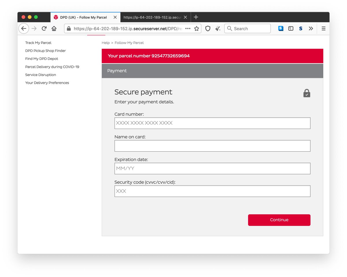 Time to pay But uh oh, we can only pay via card - prepay account and PayPal are blanked out. Shame.Submitting this send all the lovely data to a PHP script hosted on the same box: https://ip-64-202-189-152[.]ip[.]secureserver[.]net/DPD/php/status[.]php5\\n