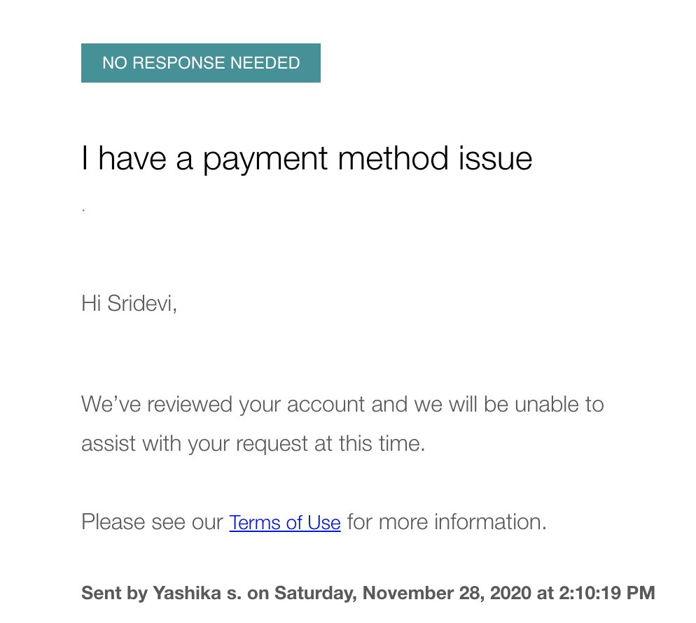 sridevikoneru's tweet photo. @Uber seems to be taking on a new definition of customer service. Random decision to block Payment method, no resolution to the trouble-ticket raised, and final straw is this message #CustomerService #horrificcustomerexperience https://t.co/OIIjTh8c6L