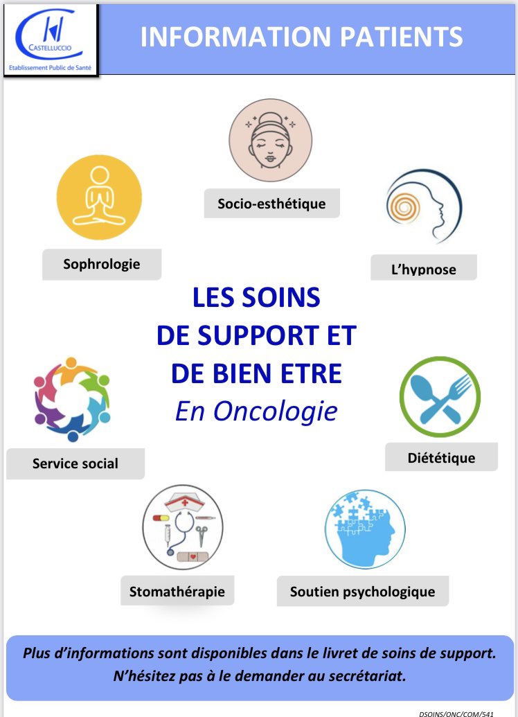 Le pôle #Oncologie du @CHCastelluccio propose à ses patients des #SoinsDeSupport et #BienEtre pour les #accompagner et #améliorer leur qualité de vie. Des professionnels en #Sophrologie #Hypnose #Diététique #SocioEsthetique #SoutienPsychologique #Stomathérapie #AssistanceSociale