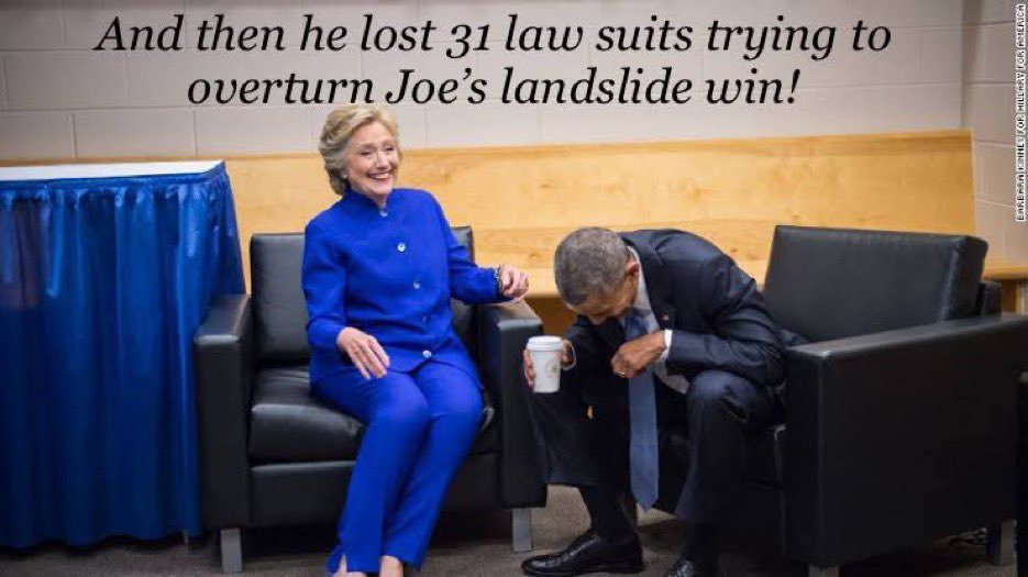 AuthorJoeNBrown's tweet photo. tRump was impeached, failed as President, lost the election (by 8 million votes 🗳), and then he lost 31 law suits trying to overturn Joe’s landslide win ! #LaughMore #BidenWonByALandslide #HillaryKnows #ObamaKnows #306beats232 #FunnyMeme #LawSuits https://t.co/AaA4bUxCfx