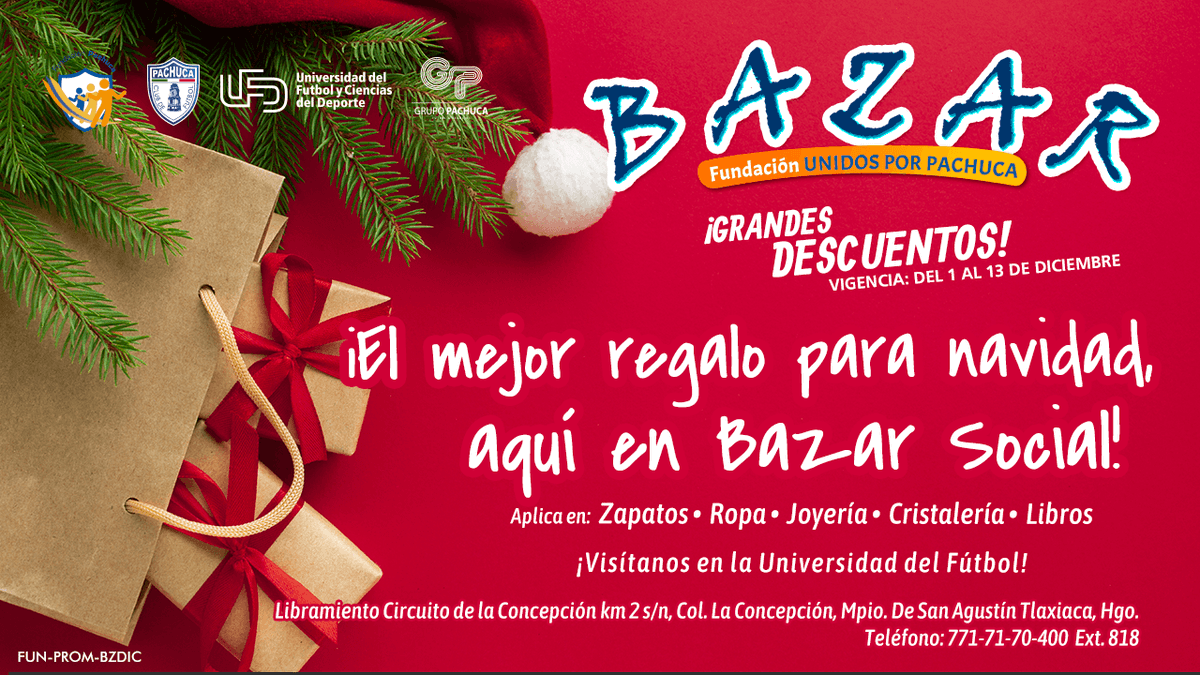 FundacionPachuc's tweet photo. Disfruta con nosotros esta Navidad y regala lo mejor a tus seres queridos. ❤️🤗🥳🎁
En Bazar Social tenemos lo que estás buscando, ven y conocenos, ¡te esperamos en la Universidad del Fútbol!🎄🎄💐🌠
¡Bazar Social, no es lo que compras, es lo que ayudas! 🎄🌠🎁🎉🎊 https://t.co/Kxyr4nR7mc
