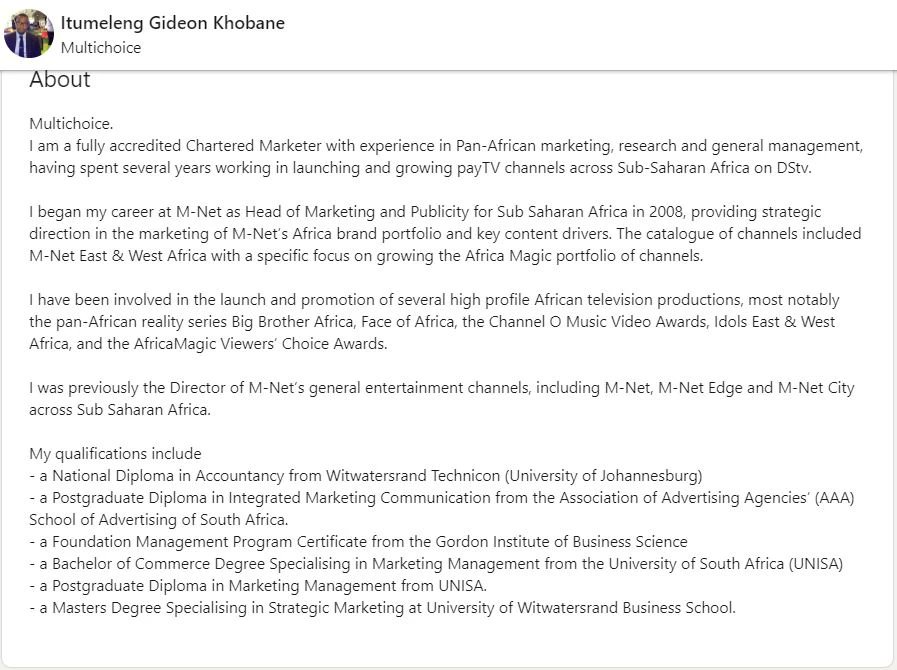Serving as CEO is Gideon Khobane.  @IGKhobane is 43 and was born in Springs, Gauteng. He was educated at Queen's College where he played athletics and rugby before matriculating in 1995. After high school, he initially studied accounting obtaining a Diploma in Accounting
