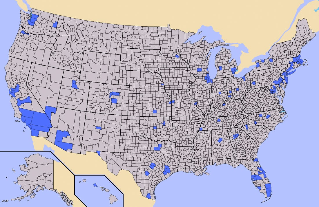 If you live in one of these blue areas, your outbreak will be larger, because covid infects people, not land.If you live outside them, your outbreak will be deadlier, because hospitals are built where people live.