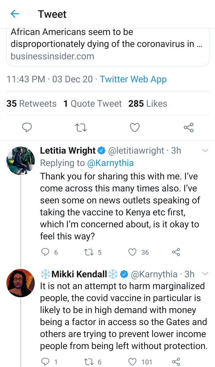 On the Letitia thing happening right now, I saw a lot of unfounded rumors and crazy hearsay with no receipts.Looked into it and there's a history of hurt involved. I recalled those two french doctors that wanted to "experiment" in Africa. That was a real thing rooted in racism.