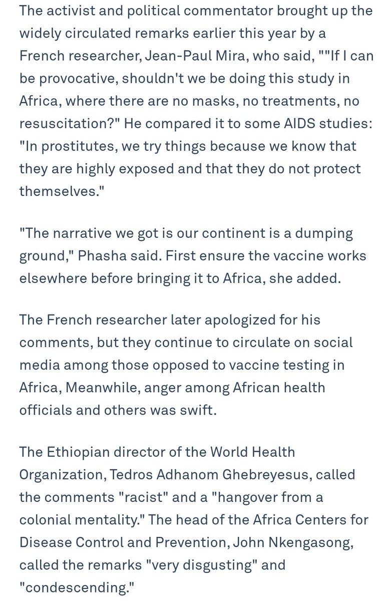 I think there's a lot of nuance & context that is flying over people's heads.I believe in science, I believe in vaccines, I also understand the distrust about a new vaccine in populations that have been targeted for unethical experimentation in the past.  https://www.pbs.org/newshour/world/protest-against-africas-1st-covid-19-vaccine-test-shows-fear