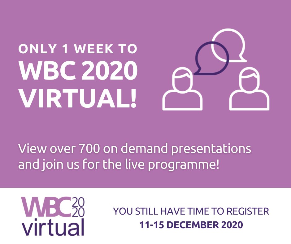 WBC2020's tweet photo. #WBC2020 starts in one week! 

You still have time to register and join us from 11-15 December 2020. Alongside the live programme, registered participants can view over 700 on demand presentations.

Register: https://t.co/g2cvvcLxvR https://t.co/pFfDfVj1pg