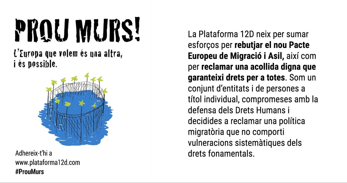 📣Amb motiu del Dia internacional dels Drets Humans 10D, ens mobilitzem el dia 12 i sortim al carrer perquè #TocaDirProu. La Plataforma12D vol denunciar les morts i les violacions de drets a les fronteres d’Europa i reclamar vies legals i segures com la reubicació. #ProuMurs