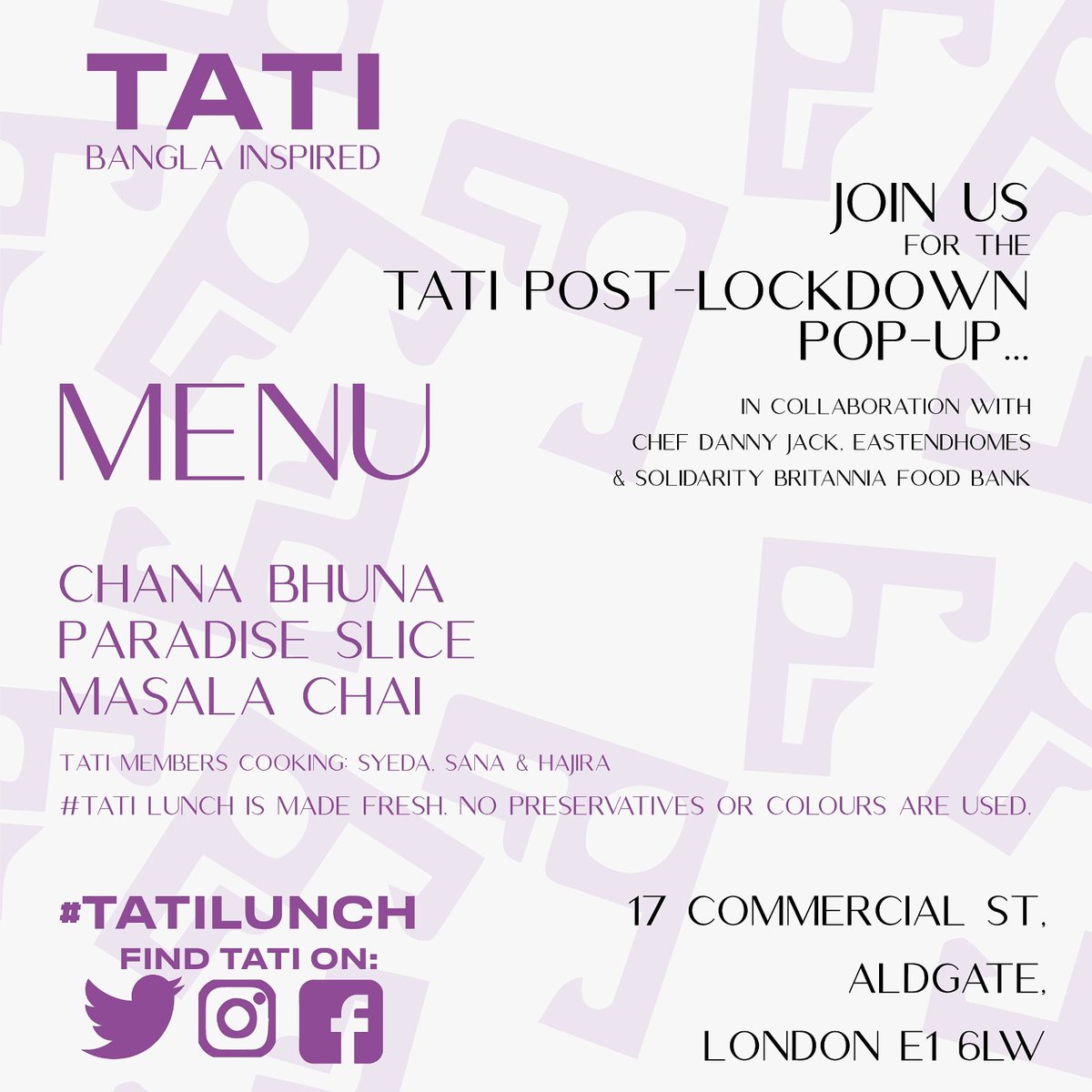 TATI Pop Up today. Join us for Masala Chai, slice of Paradise Cake and Chana Bhuna with salad. Done in collaboration with #Eastendhomes , @chefdannyjack and #SolidarityBritain. #toynbeestudio @ToynbeeHall @TheCanvasCafeE1 @KahailaCafe @aldgateinwinter @AldgateBID