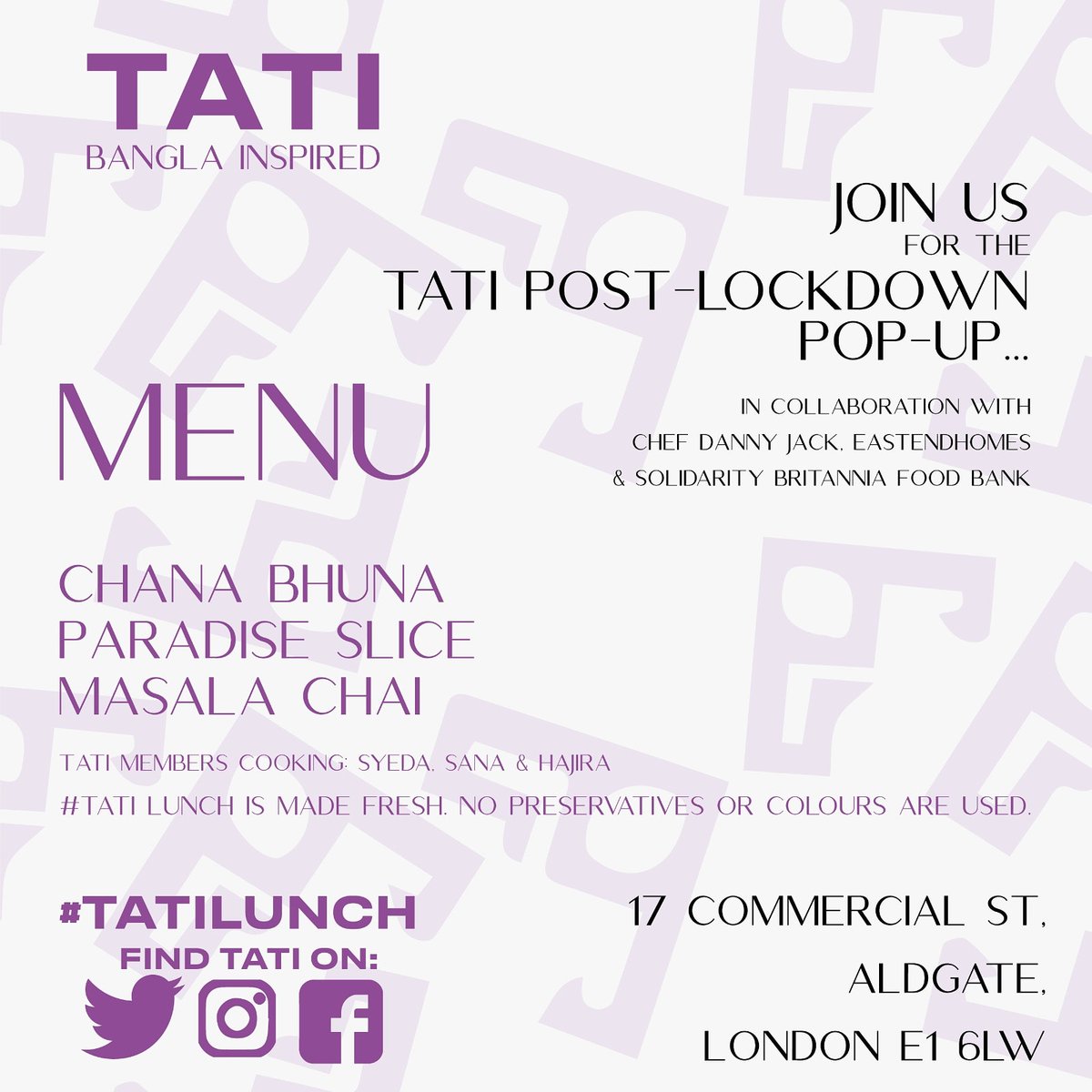 OITIJ-JO COLLECTIVE (@oitijjo) on Twitter photo TATI Pop Up today. Join us for Masala Chai, slice of Paradise Cake and Chana Bhuna with salad.
Done in collaboration with #Eastendhomes , @chefdannyjack and #SolidarityBritain.
#toynbeestudio <a href="/ToynbeeHall/">Toynbee Hall</a> <a href="/TheCanvasCafeE1/">The Canvas Cafe</a> <a href="/KahailaCafe/">Kahaila Cafe</a> @aldgateinwinter @AldgateBID TATI Pop Up today. Join us for Masala Chai, slice of Paradise Cake and Chana Bhuna with salad.
Done in collaboration with #Eastendhomes , @chefdannyjack and #SolidarityBritain.
#toynbeestudio <a href="/ToynbeeHall/">Toynbee Hall</a> <a href="/TheCanvasCafeE1/">The Canvas Cafe</a> <a href="/KahailaCafe/">Kahaila Cafe</a> @aldgateinwinter @AldgateBID