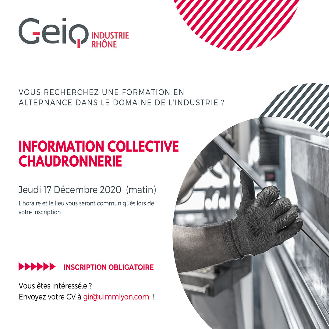A la recherche d'une formation en #alternance dans le domaine de #industrie ?
@GEIQIndusRhone propose une réunion d'info le jeudi 17 décembre 2020. Inscription obligatoire ! 
#GEIQ #alternance #industrie #MissionsLocales2020