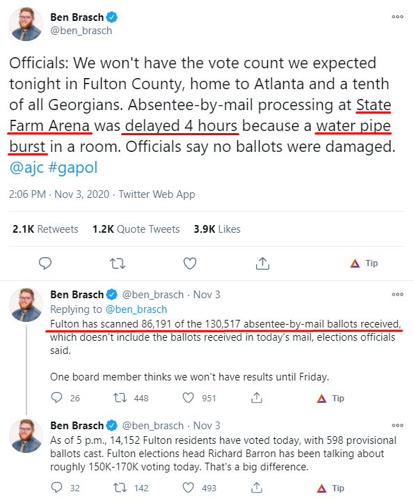 GEORGIAThe pipe burst was a leaky toilet at State Farm Arena that was repaired in the morning, but the corporate media widely reported that a "water main break" had occurred in the evening so Fulton County election officials sent ballot counters home.