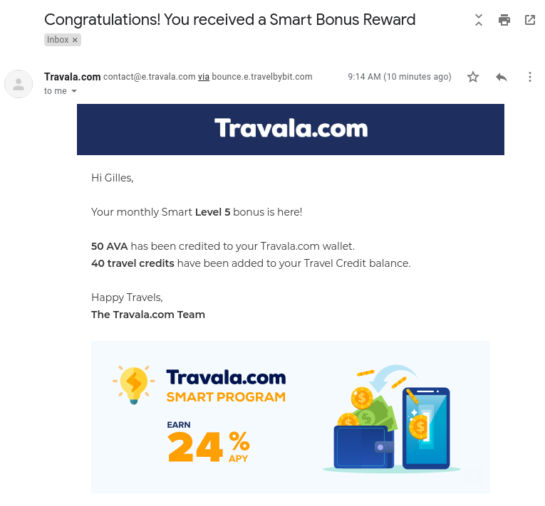 Just received my favorite monthly e-mail... :-D

@travalacom $AVA #TravelCredit