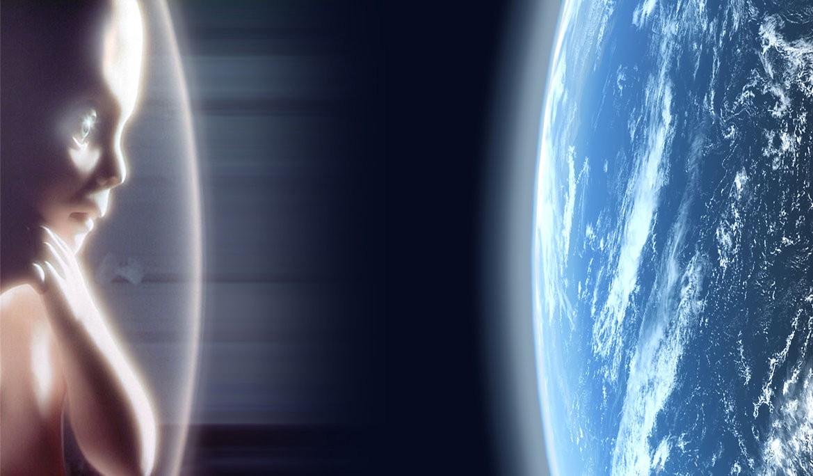 In touching it. The film ends like this. & I take it it's the same man born again but as you can see. In some higher dimensional (consciousness) sense (if that makes sense). The last & final evolutionary jump. Mankind has transcended itself.