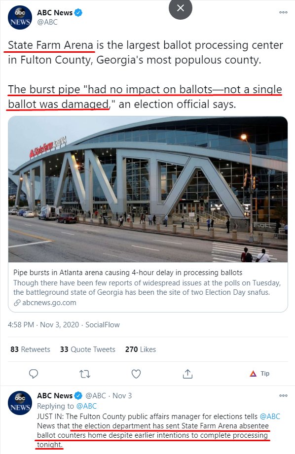 GEORGIAThe pipe burst was a leaky toilet at State Farm Arena that was repaired in the morning, but the corporate media widely reported that a "water main break" had occurred in the evening so Fulton County election officials sent ballot counters home.