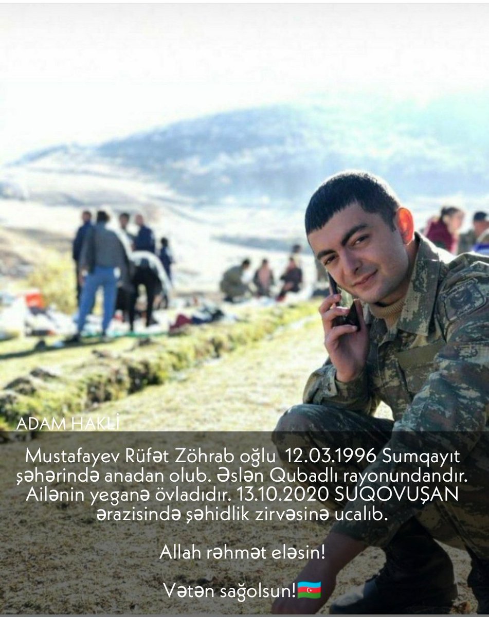 Mustafayev Rüfət Zöhrab oğlu  12.03.1996 Sumqayıt şəhərində anadan olub. Əslən Qubadlı rayonundandır. Ailənin yeganə övladıdır 13.10.2020 SUQOVUŞAN ərazisində şəhidlik zirvəsinə ucalıb.

Allah rəhmət eləsin!

Vətən sağolsun!
#VictoriousAzerbaijaniHeroes