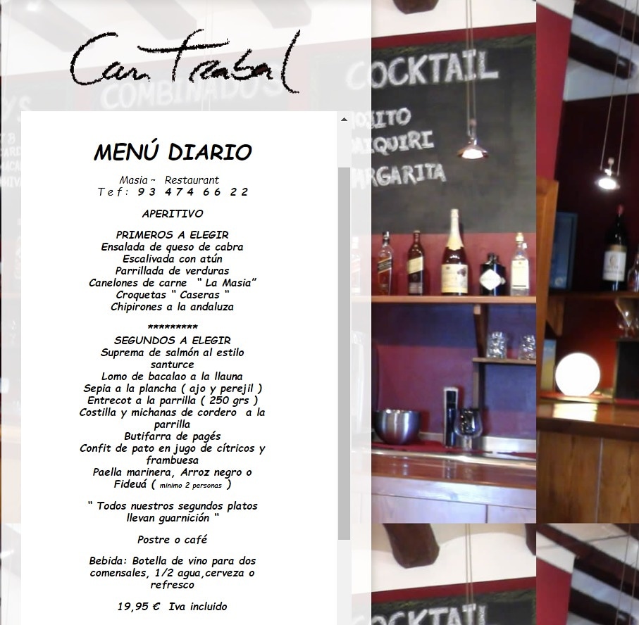 MasiaCanTrabal's tweet photo. Este es nuestro menú para hoy viernes, también disponible para llevar.
Disponemos  de amplios salones y  opción de salón privado. 
 #Restaurante Masia Can Trabal #Cornellà y recuerda 3 horas GRATIS de aparcamiento  en Centro Comercial #cornella. https://t.co/NF04GqLvfC