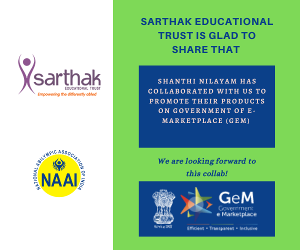 abilympicnaai's tweet photo. We are glad to share with you all that @SHANTHI NILAYAM,  has joined hands with Sarthak to promote their products on the @GeM_India  Platform! We are looking forward to this collaboration!
For more info visit: https://t.co/Ibu3IBi3Qx
#RDSM  #disability #products #supportsarthak https://t.co/GxDdxOAlON