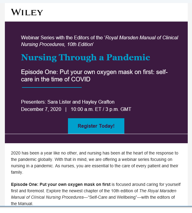 PatientVoicesUK's tweet photo. Interesting @Wiley_Nursing
webinar on the 7th about #staffexp #selfcare in the #NHS lead by 
@HayleyGrafton and Sara Lister from @royalmarsdenNHS register here: https://t.co/l4bssnCwGV https://t.co/RW7gGBnBzd