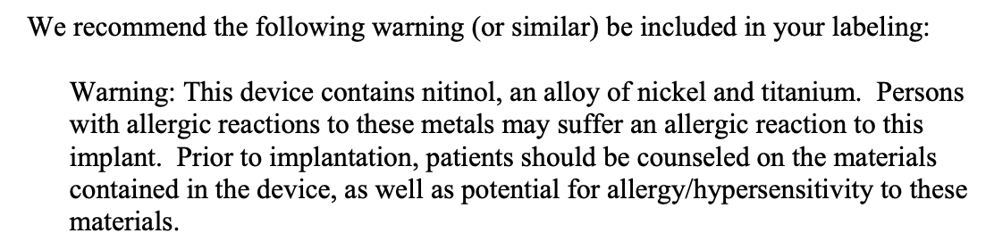 Late to this, but the FDA in the US has recommended that nitinol implants (made from Nickel / Titanium) should carry a warning. #nickelallergy #skinallergy fda.gov/media/123272/d…