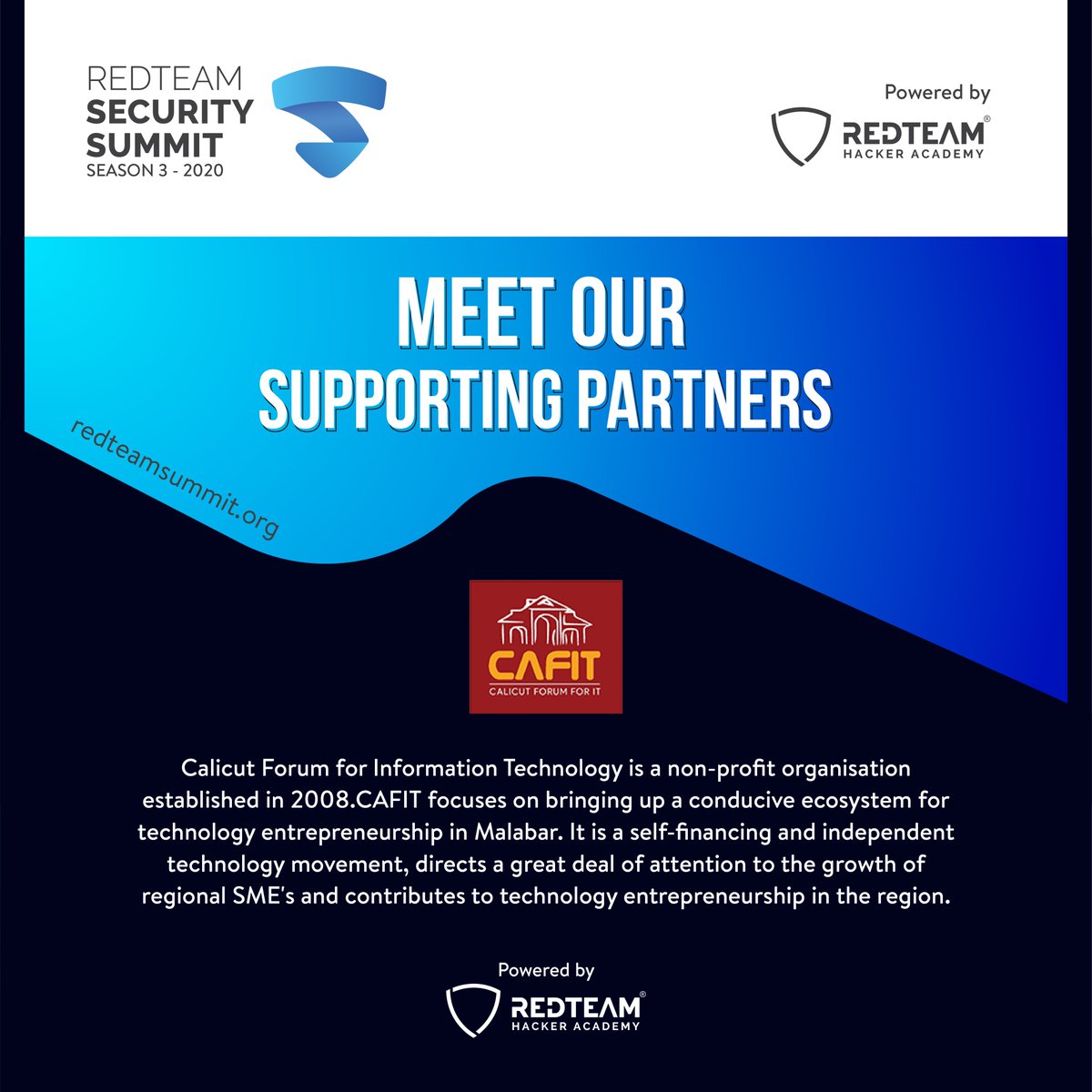 redteamacademy's tweet image. It&apos;s our pleasure to introduce Calicut Forum For IT- CAFIT, our supporting partner for RedTeam Security Summit 2020.  

#RedTeamSecuritySummit2020 #SecuritySummit2020
#Hacking #Hackers  #technology #cybercrime #linux #pentesting #coding #datasecurity #RedTeamHackerAcademy