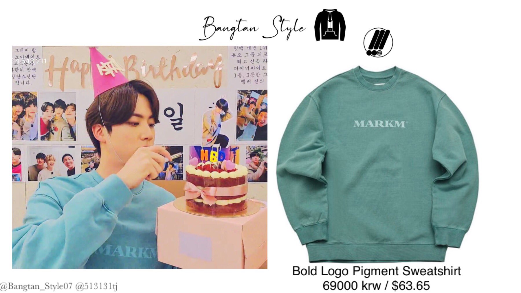 Bangtan Style slow on X VLIVE 201204 Seokjin wears MARKM Bold Logo Pigment Sweatshirt 69000 krw 63.65 JIN BTS twt https t AKlRsKd0cY X