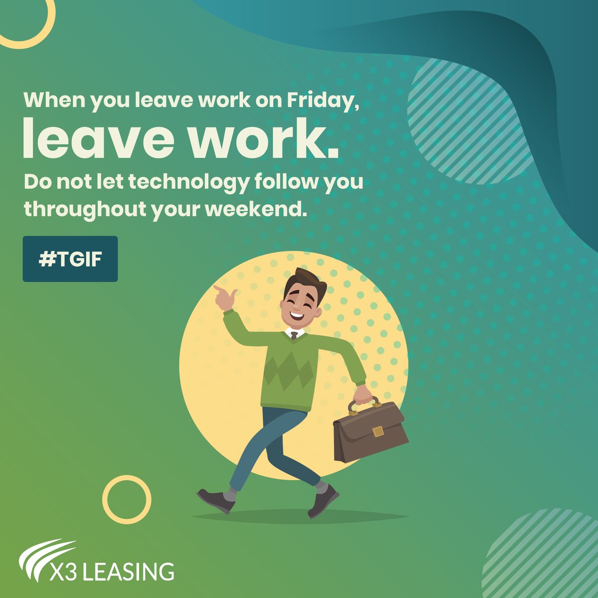 X3Leasing's tweet photo. You have worked hard all week.
Itβs time to unwind.
Do your weekend a big favor by actually leaving work at work.
#fridayway #fridaymood #fridaymotivation #fridaysforfuture #fridayfeeling #fridayquotes #fridaysforfuture #fridaymorning #fridayworkout #x3leasing https://t.co/2g4WAwLKzf