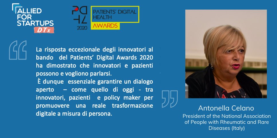DigHealthAca's tweet photo. Il Patients’ #DigitalHealth Awards all'evento “Digital Health innovation &amp; startups during #COVID19 and beyond” di 
@Allied4Startups con i 3 vincitori e Antonella Celano di 
@APMARR_ITALIA come ambasciatrice delle 50 Associazioni in giuria. Info👇
https://t.co/R4wL6j2sS6
#PDHA20 https://t.co/rnMYNNWUDB