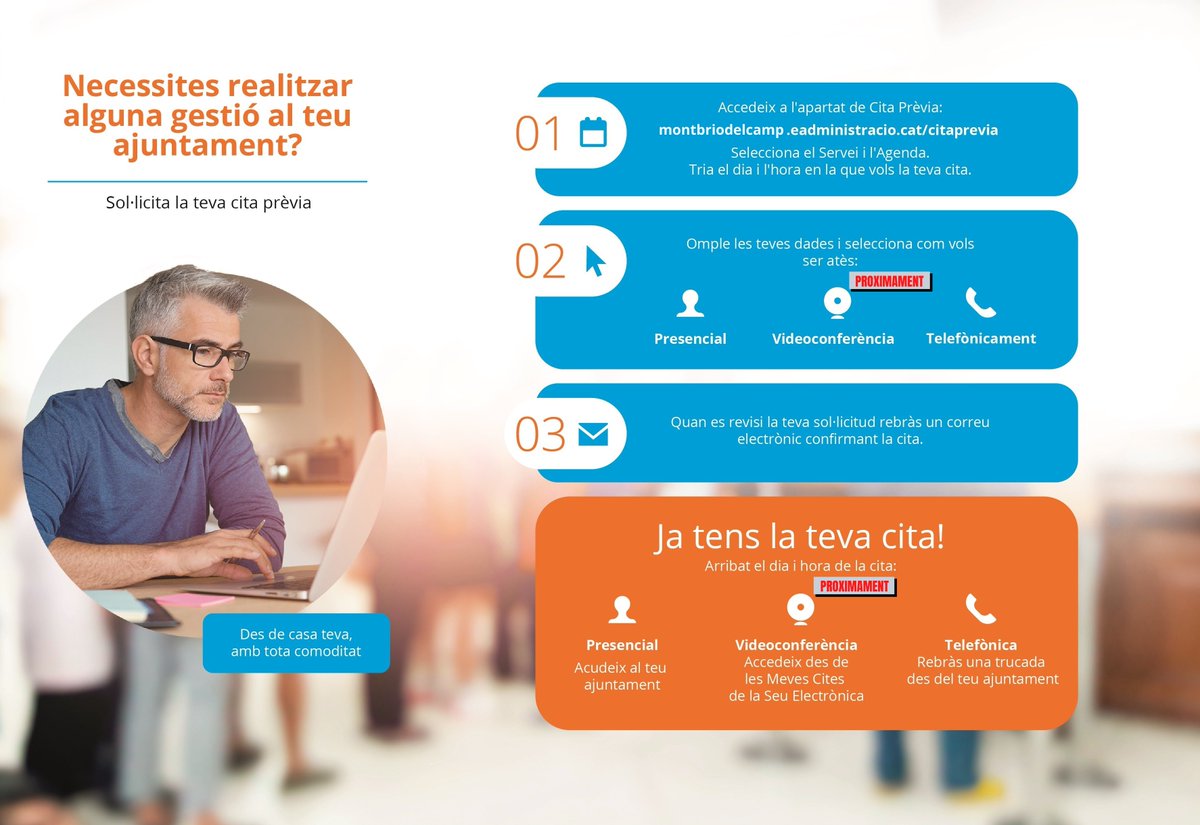 📢📢 NOU SERVEI DE CITA PRÈVIA EN LÍNIA 📢📢
ℹ️ A partir d'ara, més fàcil que mai!
1️⃣ Accedeix a 🔗 la seu electrònica
2️⃣ Tria 📅 l'agenda del servei
3️⃣ Omple les 🖊 teves dades
4️⃣ Espera la confirmació per 📧 correu electrònic