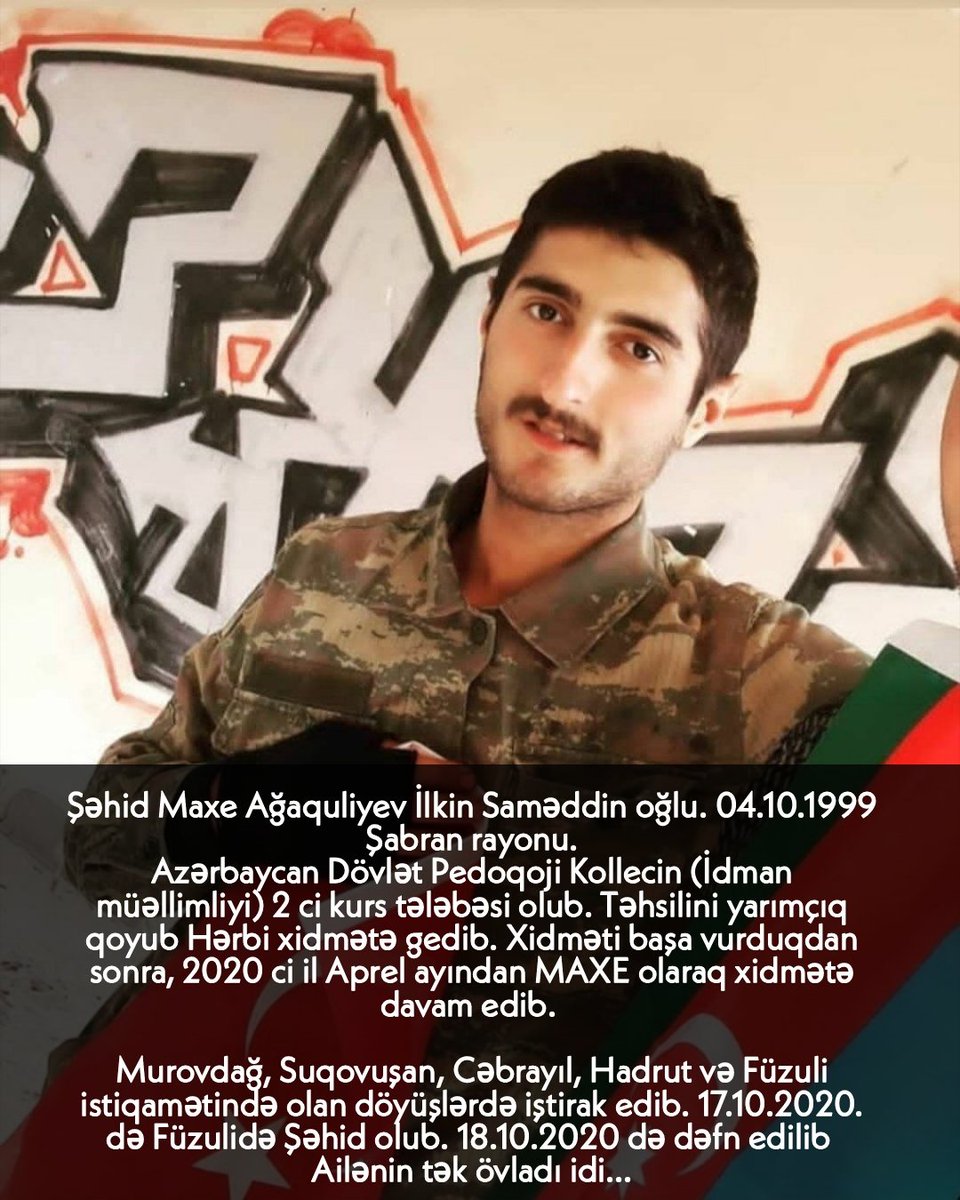 Şəhid Maxe Ağaquliyev İlkin Saməddin oğlu. 04.10.1999 Şabran rayonunda anadan olub.

Allah rəhmət eləsin!

Vətən sağolsun!🇦🇿
#VictoriousAzerbaijaniHeroes