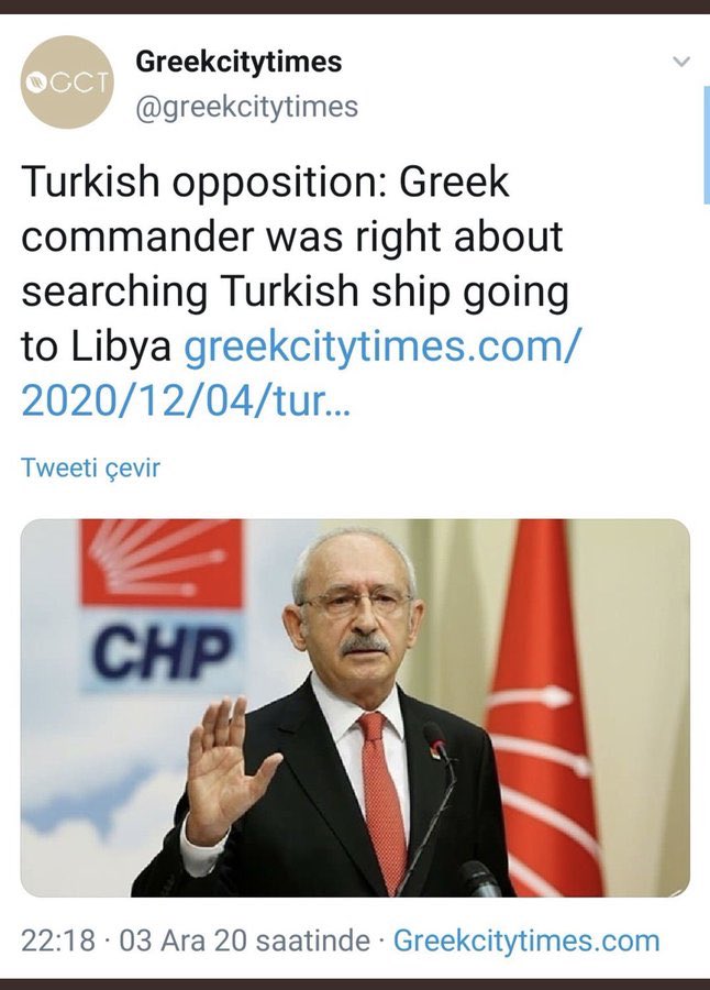 Bir de medyada yer bulamamaktan şikayet eder, işte yerini bulmuş...

Yunan  Greek City Times;
“Türk muhalefet lider Kılıçdaroğlu: Yunan komutan Libya'ya giden Türk gemisini aramakta haklıydı..."