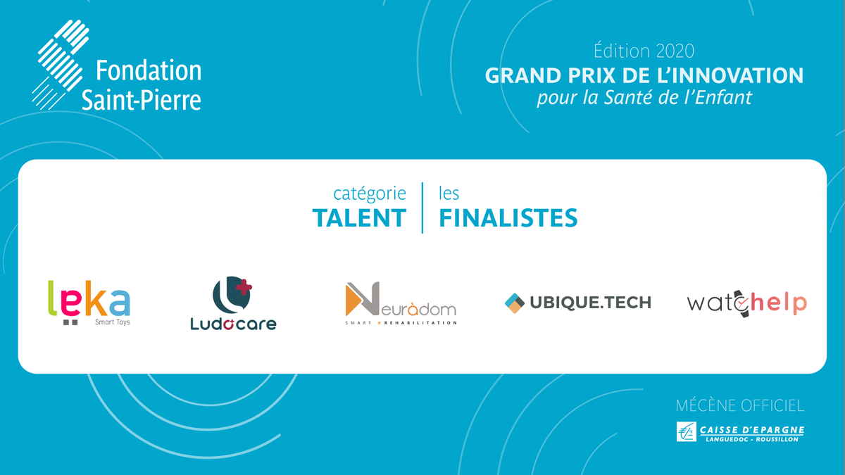 #GrandPrix 👏Voici les 5 finalistes de la catégorie TALENT 🏆 
• <a href="/NEURADOM/">Neuradom</a> 
• <a href="/ludocare/">LUDOCARE</a> 
• <a href="/WeAreLeka/">Leka</a> 
• <a href="/UbiqueTechs/">UBIQUE TECH</a> 
• <a href="/WatcHelp/">Watchelp</a> 
🇫🇷 Sur les 34 projets déposés dans cette catégorie, 5 ont été présélectionnés et un seul sera lauréat ! 🏆
RDV le 10/12 bit.ly/2KMimWx