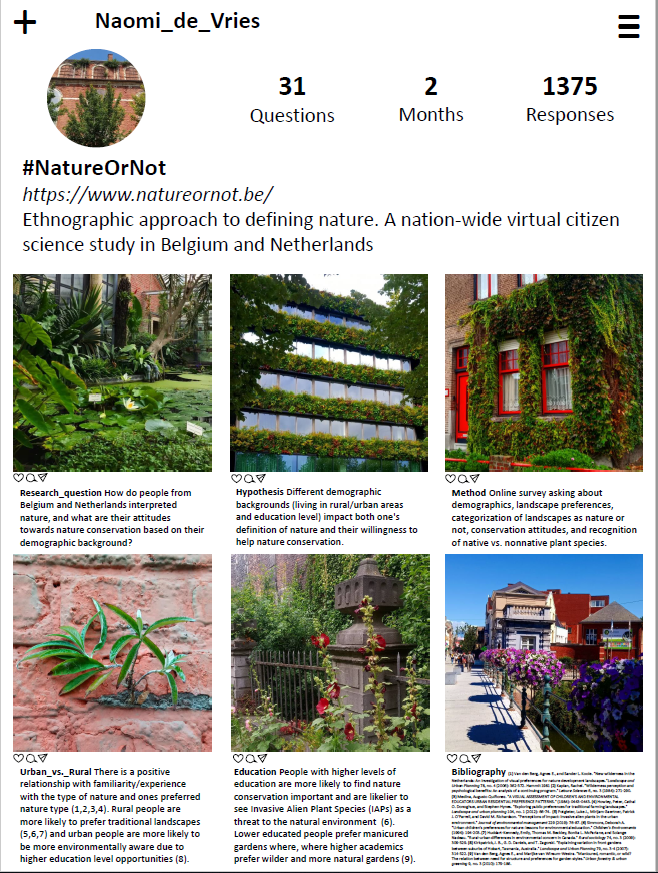 JLembrechts's tweet photo. Truly impressive poster from master student Naomi from our #The3DLab, I must say! This 'Instagram feed' beautifully summarizes our #NatureOrNot citizen science project and what we hope to find with it. #ProudSupervisor
https://t.co/yej0weiWQt https://t.co/dKZ7VMe3X0