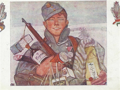 04 December: A cheerful soldier with his arms full of presents, sausage, canned food and cognac from home. Austro-Hungarian Christmas-card.