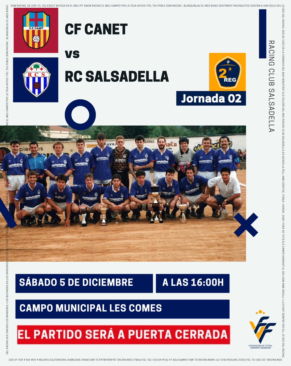 CF Canet 🆚 <a href="/RCSalsadella/">Racing Club Salsadella</a> 
🗓 5/12/2020
⏰ 16:00h
🏟 Camp Municipal #LesCometes
🏆 J2. Campeonato de Liga de 2ª Regional G1º <a href="/FFCV_info/">FFCV</a> 
#NuncaDejesDeSoñar #JoSocDelRacing #SomosRacing #SomFutbol #EntremSegurs